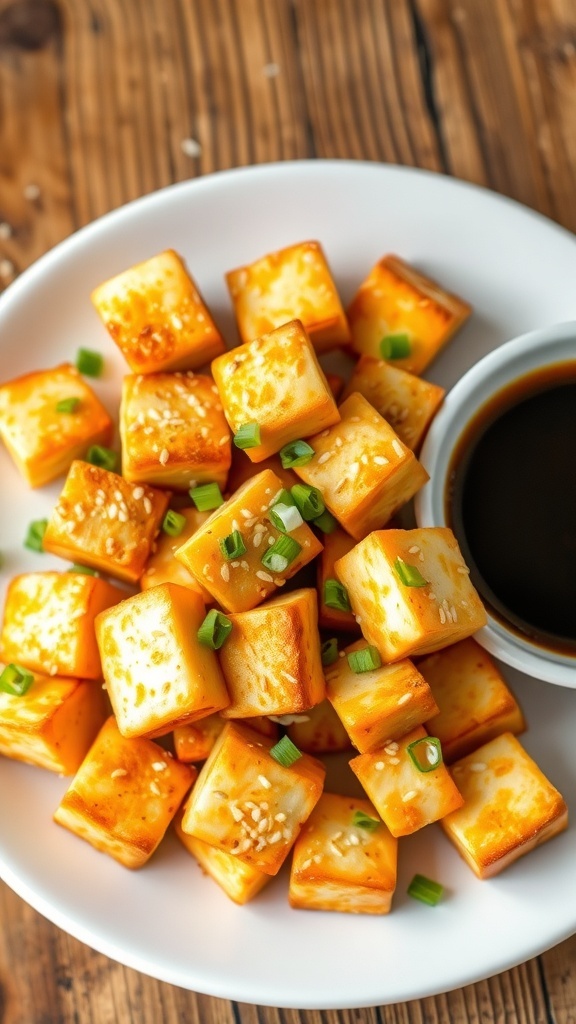 Crispy pan-fried tofu cubes garnished with green onions and sesame seeds, served with soy sauce.